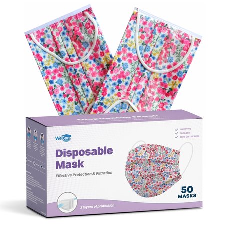 WECARE Individually Wrapped Face Masks, Flower Print, 50PK WC-WMN100106-FACE-MASKS-FLORAL